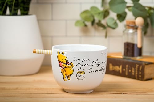 Silver Buffalo Disney Winnie the Pooh Rumbly in My Tumbly Ceramic Ramen Noodle Rice Bowl with Chopsticks, Microwave Safe, 20 Ounces