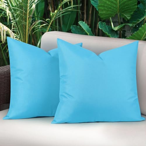 Lewondr Waterproof Outdoor Throw Pillow Cover, 2 Pack Solid PU Coating Throw Pillow Case UV Protection Garden Cushion Cover for Patio Sofa Couch Balcony 20"x20"(50x50cm), Light Blue