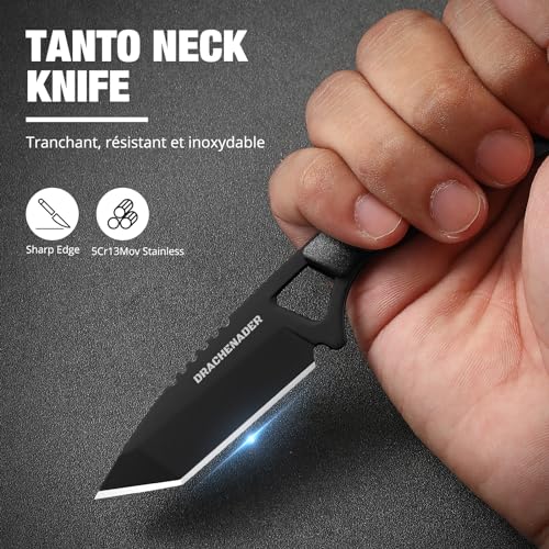 DRACHENADER Neck Knife, Tanto Small Fixed Blade Knife 5cr13mov Stainless Steel Neck Knife with Sheath and Necklace Plactic Mini Small Edc Knife for Men and Women, Full Black