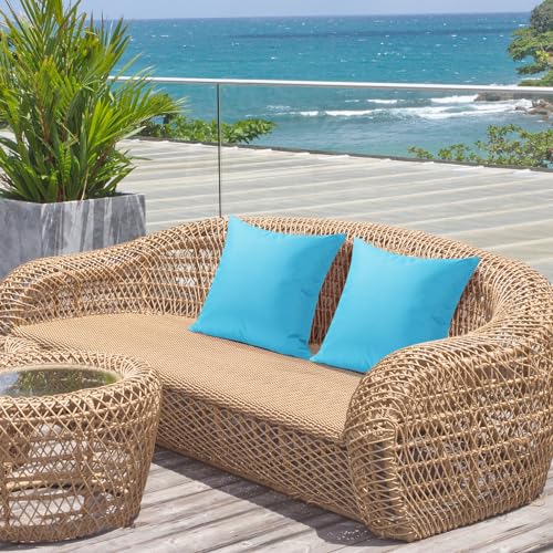 Lewondr Waterproof Outdoor Throw Pillow Cover, 2 Pack Solid PU Coating Throw Pillow Case UV Protection Garden Cushion Cover for Patio Sofa Couch Balcony 20"x20"(50x50cm), Light Blue