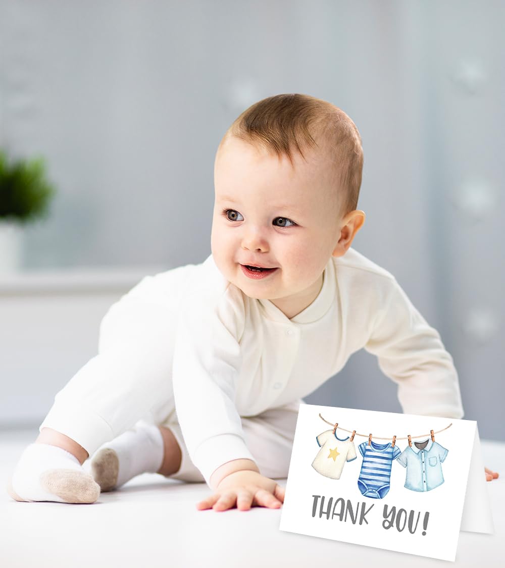 JarThenaAMCS 36 Pack Blue Clothesline Baby Shower Thank You Cards with Envelopes Stickers Onesie Boy Baby Cloth Blank Gratitude Note Cards Gift for Birthday Gender Reveal Party Supplies