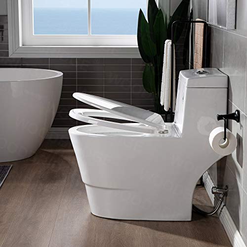 WOODBRIDGEE One Piece Toilet with Soft Closing Seat, Chair Height, 1.28 GPF Dual, Water Sensed, 1000 Gram MaP Flushing Score Toilet with Chorme Button, White,B0940-F-C