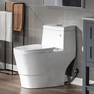 WOODBRIDGEE One Piece Toilet with Soft Closing Seat, Chair Height, 1.28 GPF Dual, Water Sensed, 1000 Gram MaP Flushing Score Toilet with Chorme Button, White,B0940-F-C