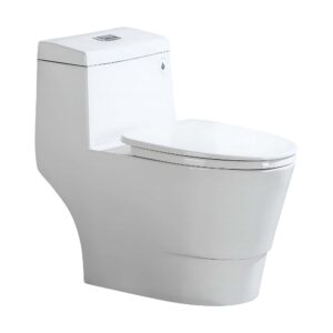 woodbridgee one piece toilet with soft closing seat, chair height, 1.28 gpf dual, water sensed, 1000 gram map flushing score toilet with chorme button, white,t0001-f-c