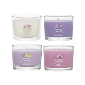 yankee candle signature votive mini candle jars mother's day variety pack, 1 lemon lavender, 1 wild orchid, 1 sakura bloom festival, 1 lilac blossoms variety pack