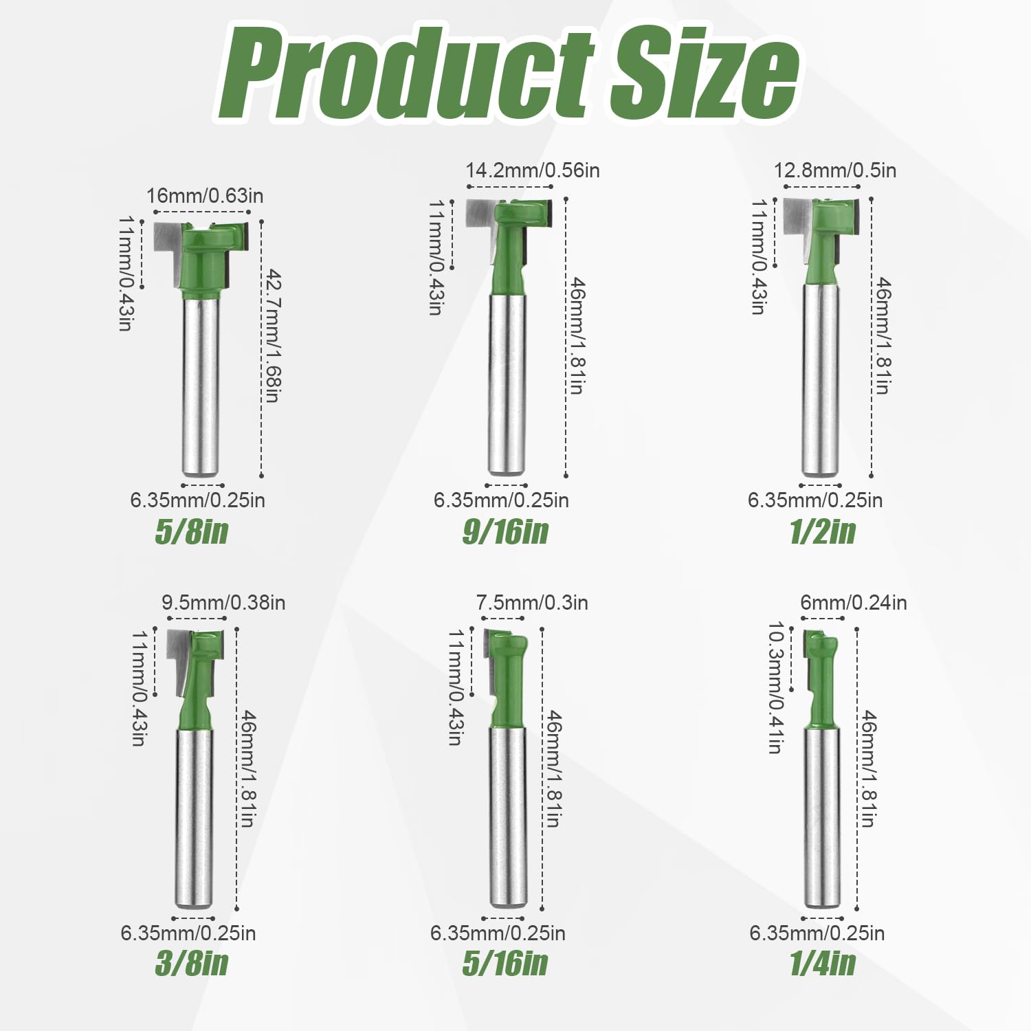 6pcs Keyhole Router Bits Set, 1/4in Shank T Slot Cutter Set Router Bits Woodworking T Track Slot Cutter for 1/4 & 5/16 & 3/8 & 9/16 & 1/2 & 5/8 inch Blade Diameter