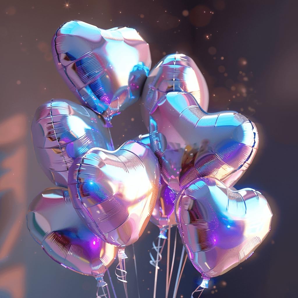 dua abang 9 PCS Heart Shaped Transparent Iridescent Balloons | Iridescent Party Decorations | Disco Party Supplies | 9 Heart Themed Holographic Decor Iridescent Balloons | Ribbon & Straw included