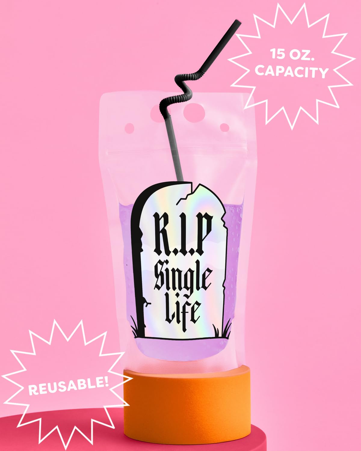 xo, Fetti Bachelorette RIP Single Life Drink Pouches - 15 pcs, Iridescent | Bachelorette Party Decorations, Bride or Die Drinkware, Bridesmaid Favor, Til Death Do Us Party + Bridal Shower Supplies