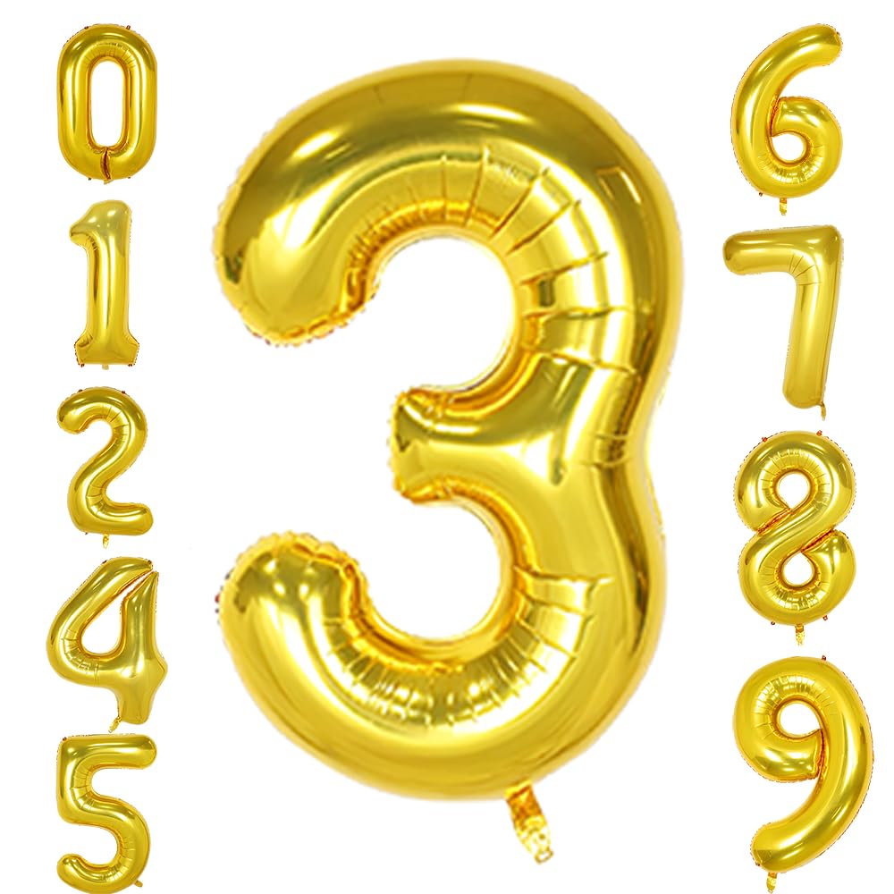 Rukinovi 40 Inch Numbers Birthday Party Balloon,Numbers 3 Gold Balloons for 3 13 23 30 31 32 33 34 35 36 37 38 39 Birthday Party,Anniversary, Graduation etc Party Decorations