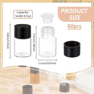 BENECREAT 60Pcs 5ml(0.17oz) Clear Glass Vials with Screw Caps, Small Liquid Sample Vial, Glass Refillable Bottle with Black Lid and Plastic Stoppers for Essential Oils Cosmetic, 35x22mm