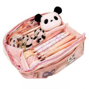 uivxxud adorable capybara bear 10-layer flip canvas pen case cute pencil bag pencil holder: includes pens, note pad, paper corner clip, cartoon pendant, ordinary key tool, decals (pink)