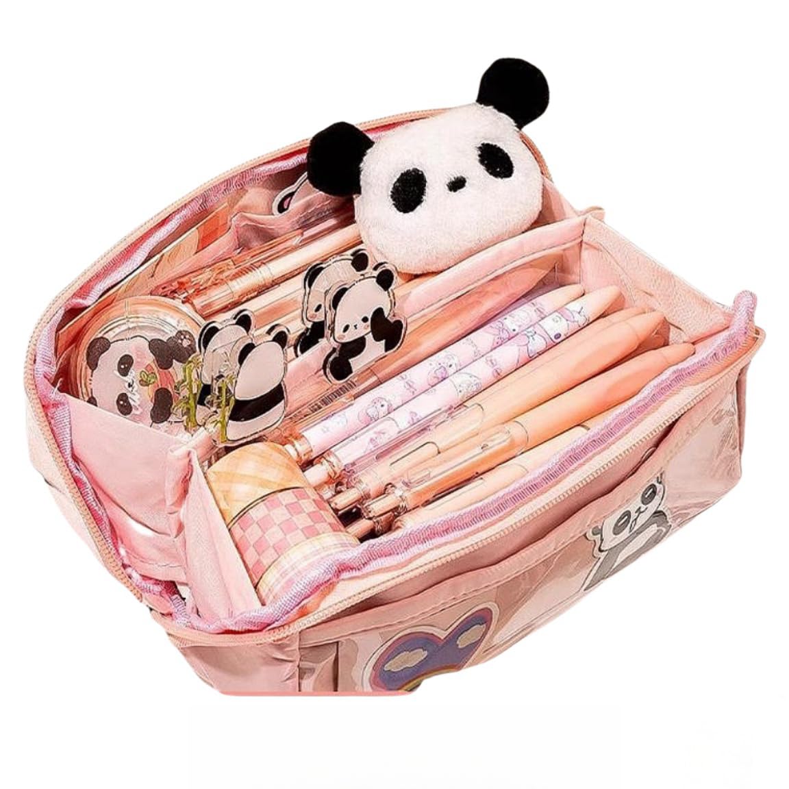 UIVXXUD Adorable Capybara Bear 10-Layer Flip Canvas Pen Case Cute Pencil Bag Pencil Holder: Includes Pens, Note Pad, Paper Corner Clip, Cartoon Pendant, Ordinary Key Tool, Decals (Pink)