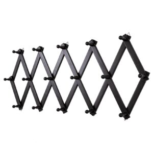 scunda accordion wall hanger with 16 hooks, wooden wall expandable coat rack for coat, hats, baseball caps, coffee mug, jewelry(black)