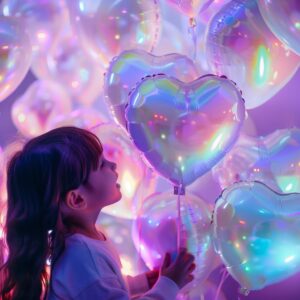 dua abang 9 PCS Heart Shaped Transparent Iridescent Balloons | Iridescent Party Decorations | Disco Party Supplies | 9 Heart Themed Holographic Decor Iridescent Balloons | Ribbon & Straw included