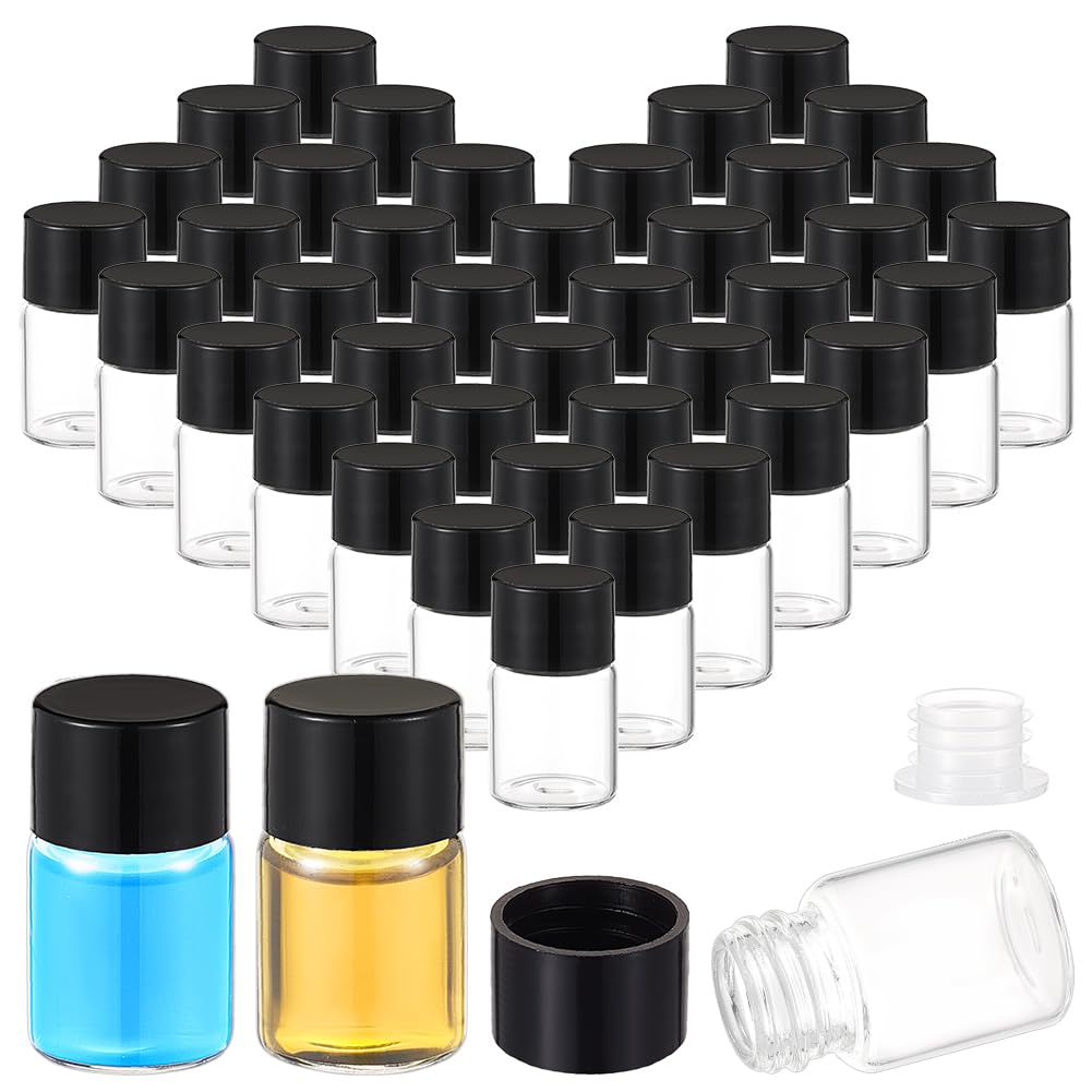 BENECREAT 60Pcs 5ml(0.17oz) Clear Glass Vials with Screw Caps, Small Liquid Sample Vial, Glass Refillable Bottle with Black Lid and Plastic Stoppers for Essential Oils Cosmetic, 35x22mm