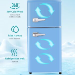 EUASOO FLS-80-Blue 3.5Cu.Ft Compact Refrigerator, Small Refrigerator with freezer, Retro Fridge with Dual Door, 7 Level Adjustable Thermostat for Garage, Dorm,Bedroom, Office, Apartment