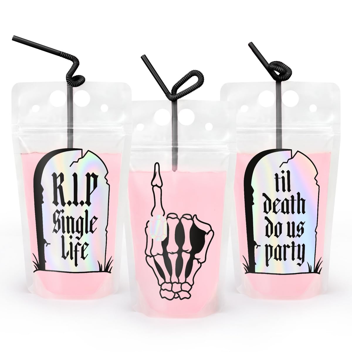 xo, Fetti Bachelorette RIP Single Life Drink Pouches - 15 pcs, Iridescent | Bachelorette Party Decorations, Bride or Die Drinkware, Bridesmaid Favor, Til Death Do Us Party + Bridal Shower Supplies