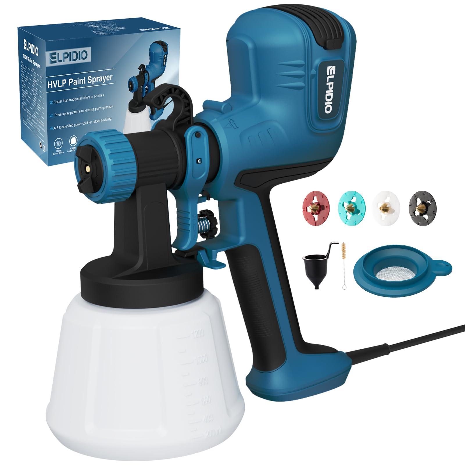 ELPIDIO Paint Sprayer, 700W HVLP Electric Spray Paint Gun, with Cleaning & Blowing Joints 4 Copper Nozzles and 3 Patterns Paint Sprayers for Home Furniture, Walls, Cabinets, Fence, Door etc. EP62.