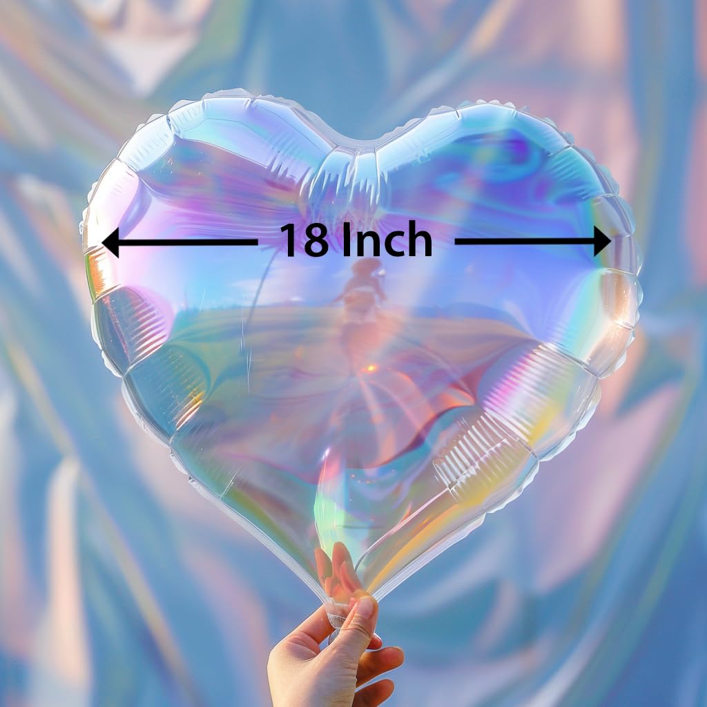 dua abang 9 PCS Heart Shaped Transparent Iridescent Balloons | Iridescent Party Decorations | Disco Party Supplies | 9 Heart Themed Holographic Decor Iridescent Balloons | Ribbon & Straw included