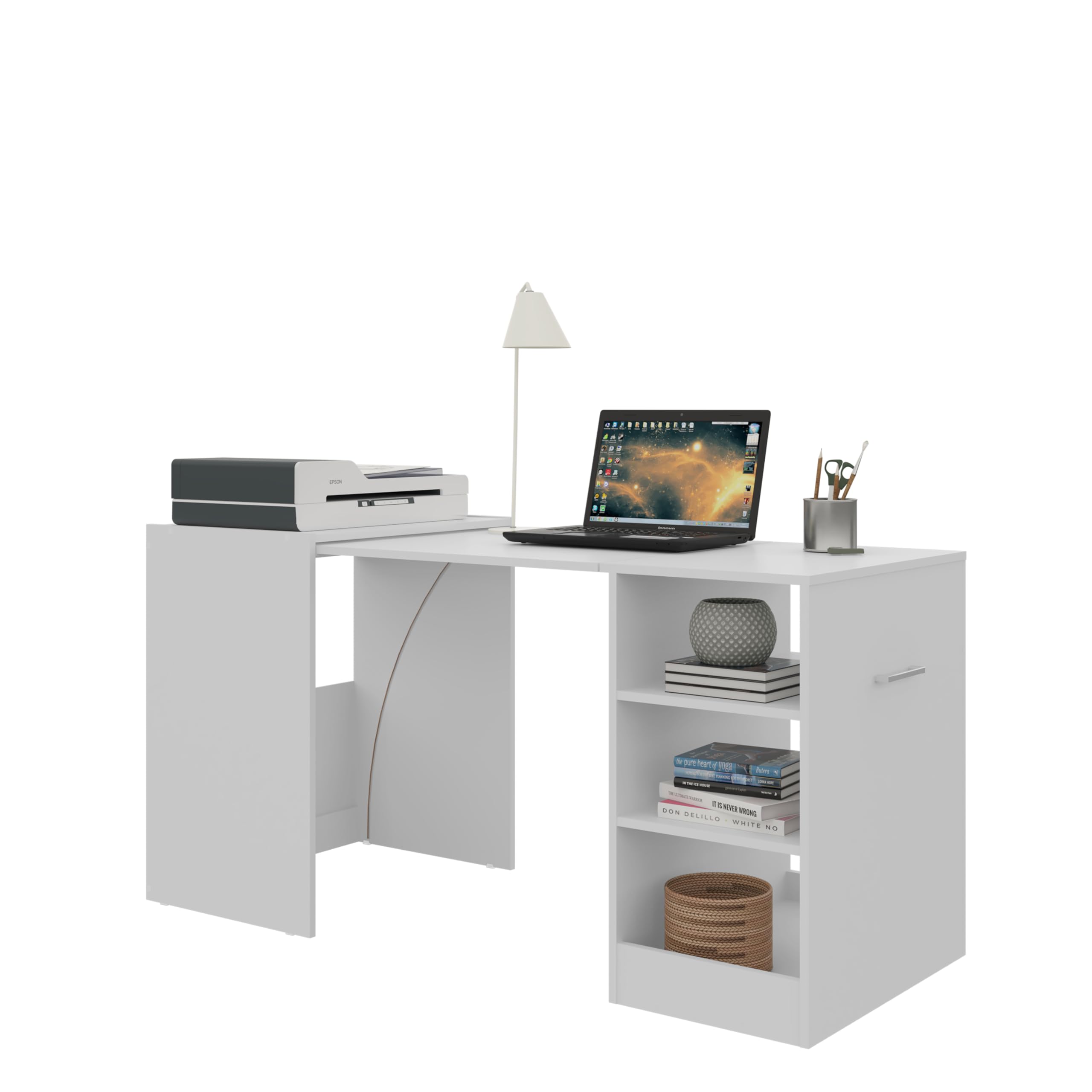 Multimóveis Office Desk Table with Storage Shelves and Printer Stand, Modern, Folding Compact Corner Computer Desk for Gaming, Work, Study, Bedroom or Home Office Desks, 3 Shelf, White, 60 Inch