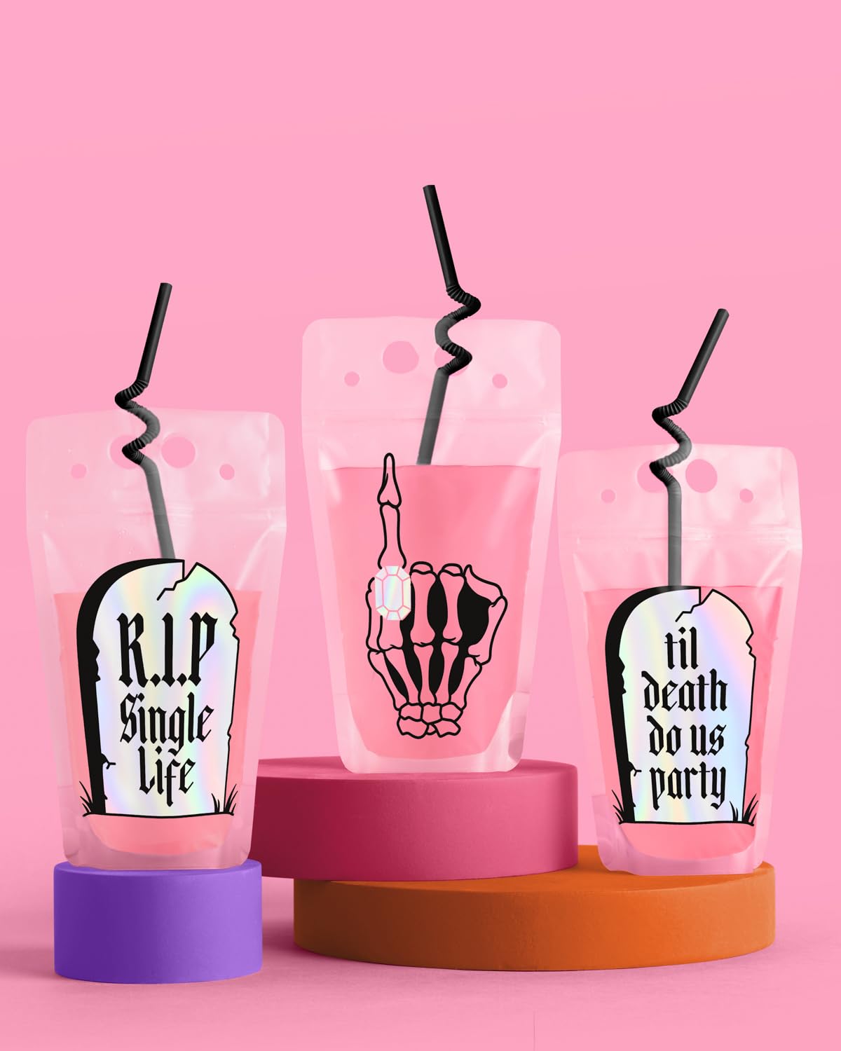 xo, Fetti Bachelorette RIP Single Life Drink Pouches - 15 pcs, Iridescent | Bachelorette Party Decorations, Bride or Die Drinkware, Bridesmaid Favor, Til Death Do Us Party + Bridal Shower Supplies