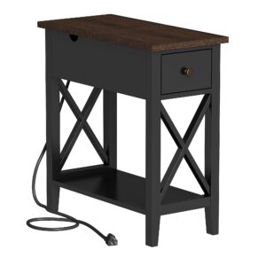 choochoo end table with charging station, accent small side table nightstand for living room, bedroom, and small spaces, rustic black