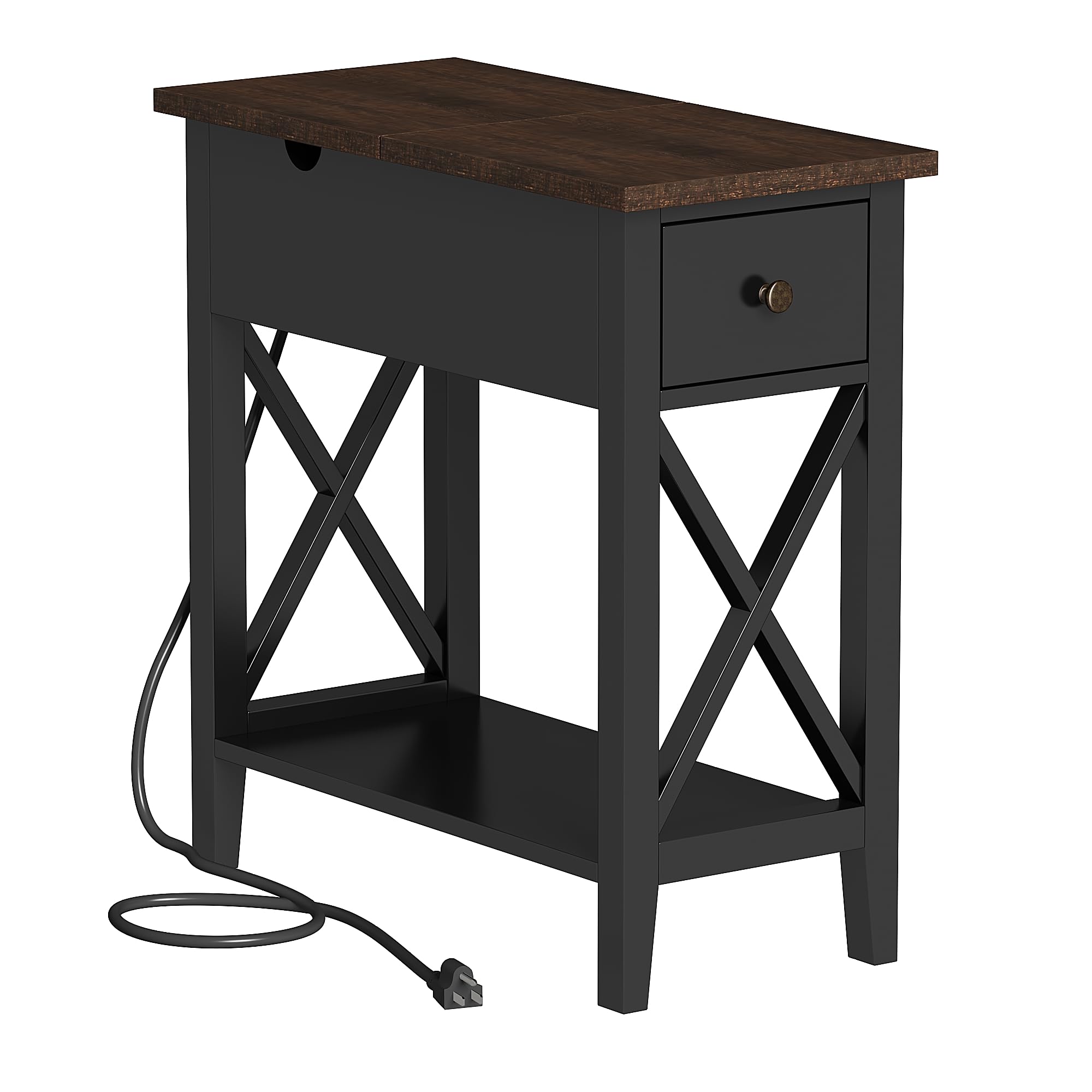 ChooChoo End Table with Charging Station, Accent Small Side Table Nightstand for Living Room, Bedroom, and Small Spaces, Rustic Black