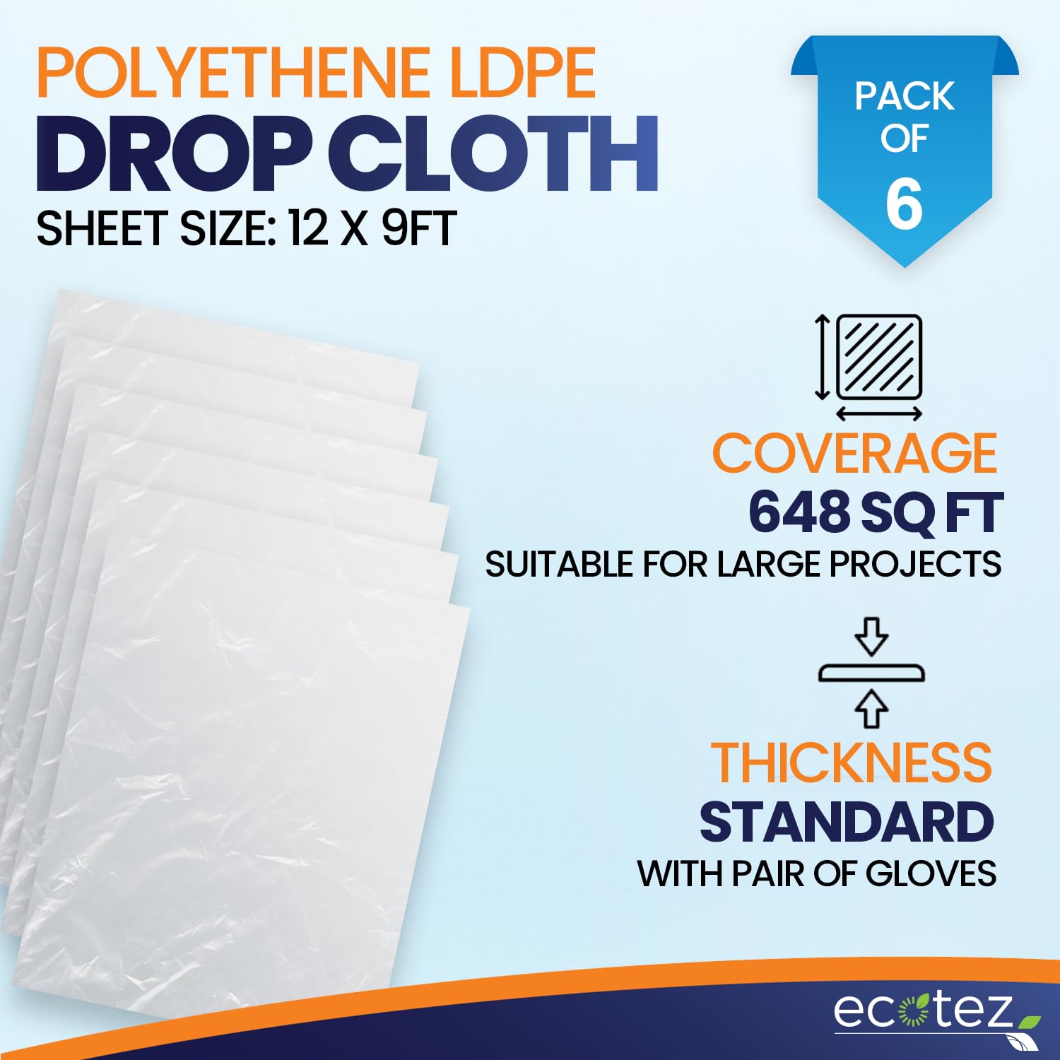 Ecotez 6 Pack 12 x 9 ft Extra Large Painter’s Plastic Drop Cloth Painting Sheet-Light & Durable Dust Cover-Clear Plastic Sheet-Plastic Sheeting-Plastic Cover-Paint Drop Cloth- Plastic Floor Protector