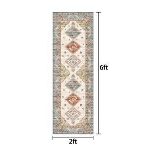 WuFulon Washable Runner Rug - 2x6 Hallway Rug Kitchen Runner Non-Slip Throw Thin Bedroom Rugs Laundry Room Rug Runner Oriental Distressed Print Carpet Runner for Entrance Bathroom Living Room