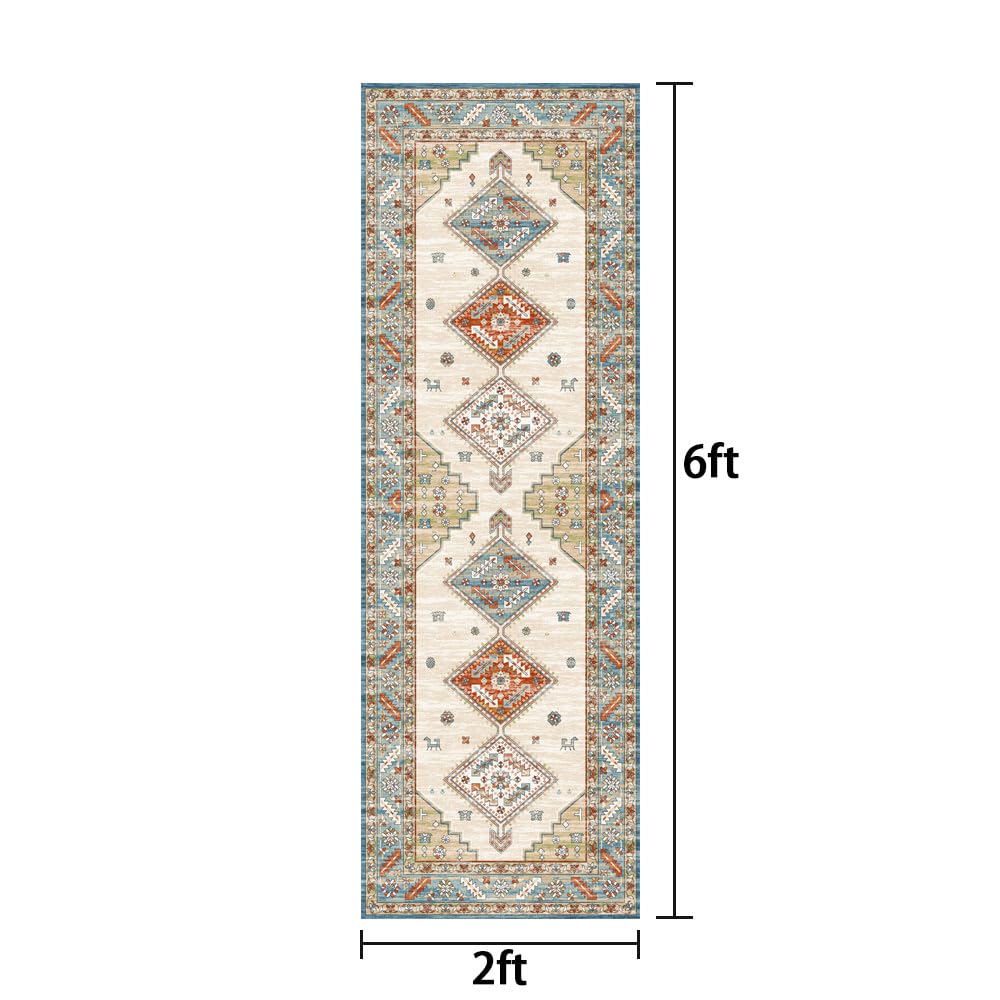 WuFulon Washable Runner Rug - 2x6 Hallway Rug Kitchen Runner Non-Slip Throw Thin Bedroom Rugs Laundry Room Rug Runner Oriental Distressed Print Carpet Runner for Entrance Bathroom Living Room