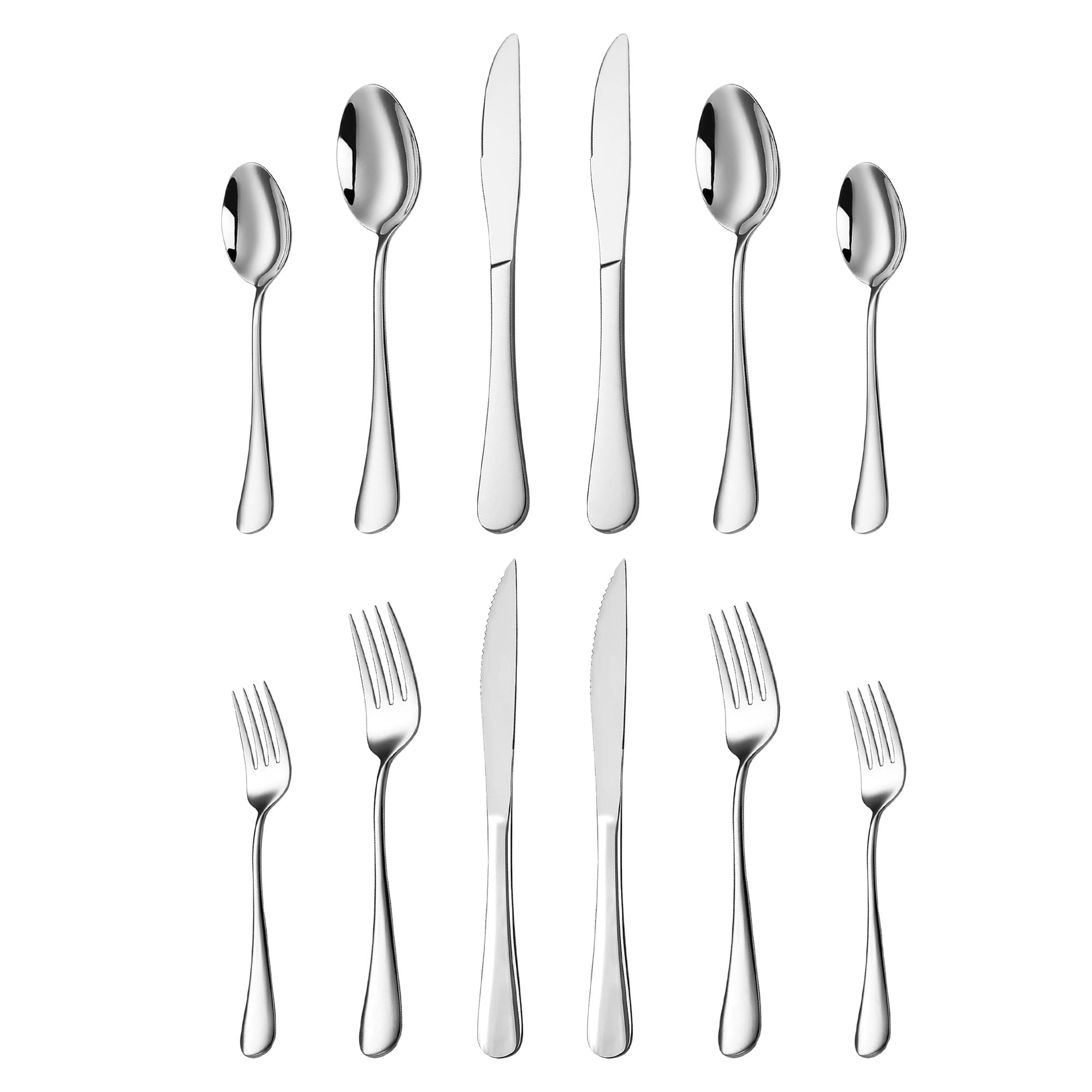 12PCS Silverware Set for 2, Food-Grade Stainless Steel Flatware Set, Tableware Cutlery Set with Steak Knives Forks and Spoons for Home Kitchen, Mirror Polished Utensil Sets Dishwasher Safe