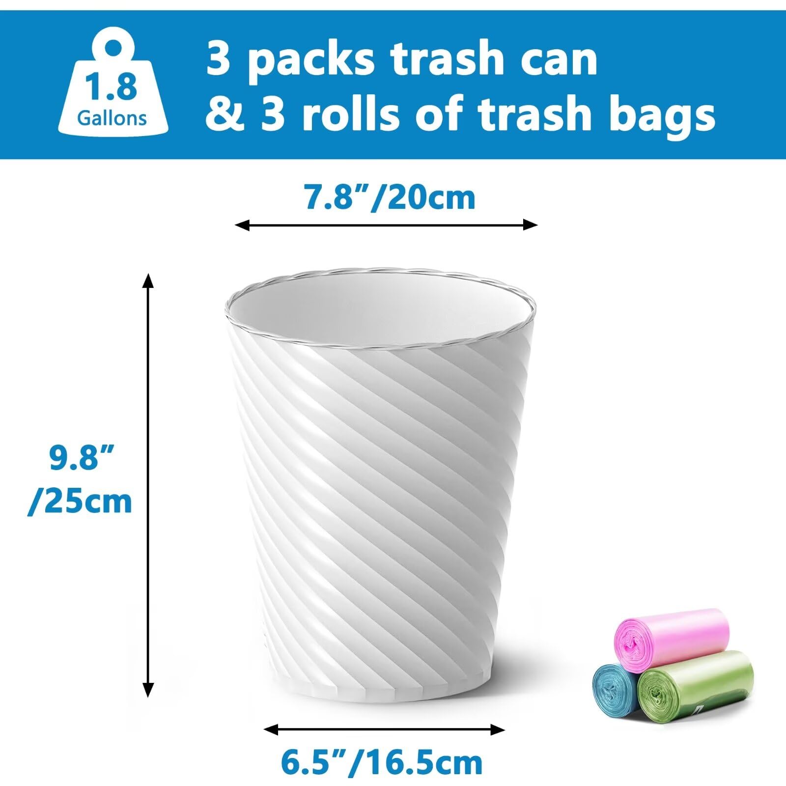 Bathroom Trash Can, 3 Pack 1.8 Gallons Small Trash Can with Trash Bags, Bathroom Garbage Can, Plastic Trash Bin, Round Waste Basket for Bathroom, Bedroom, Office, Kitchen, Room, Compact Space (White)