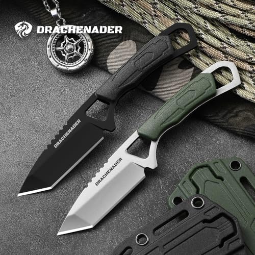 DRACHENADER Neck Knife, Tanto Small Fixed Blade Knife 5cr13mov Stainless Steel Neck Knife with Sheath and Necklace Plactic Mini Small Edc Knife for Men and Women, Full Black