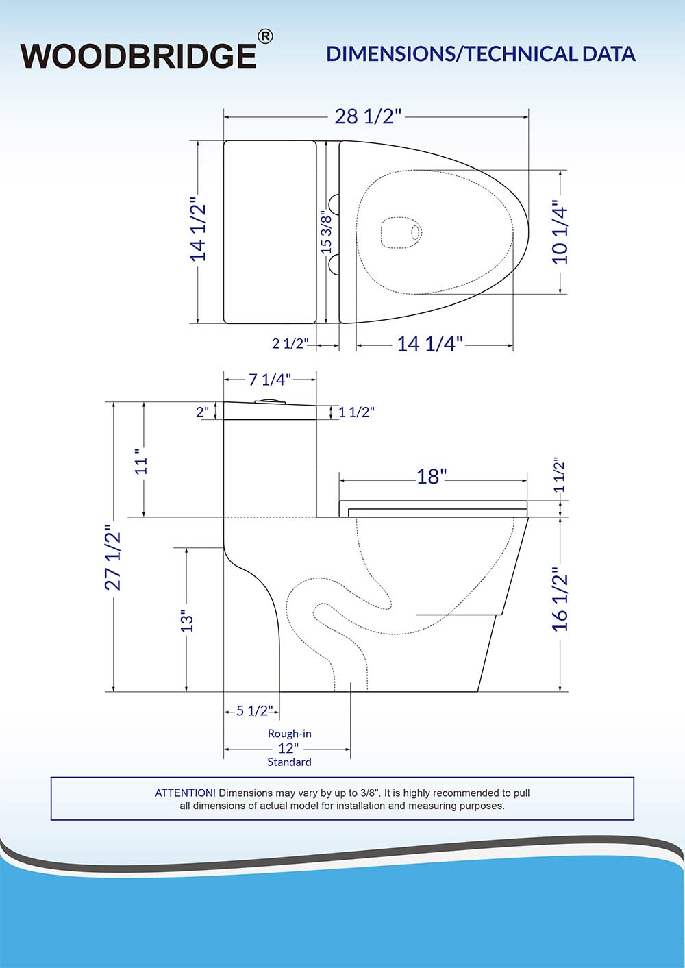 WOODBRIDGEE One Piece Toilet with Soft Closing Seat, Chair Height, 1.28 GPF Dual, Water Sensed, 1000 Gram MaP Flushing Score Toilet with Chorme Button, White,T0001-F-C