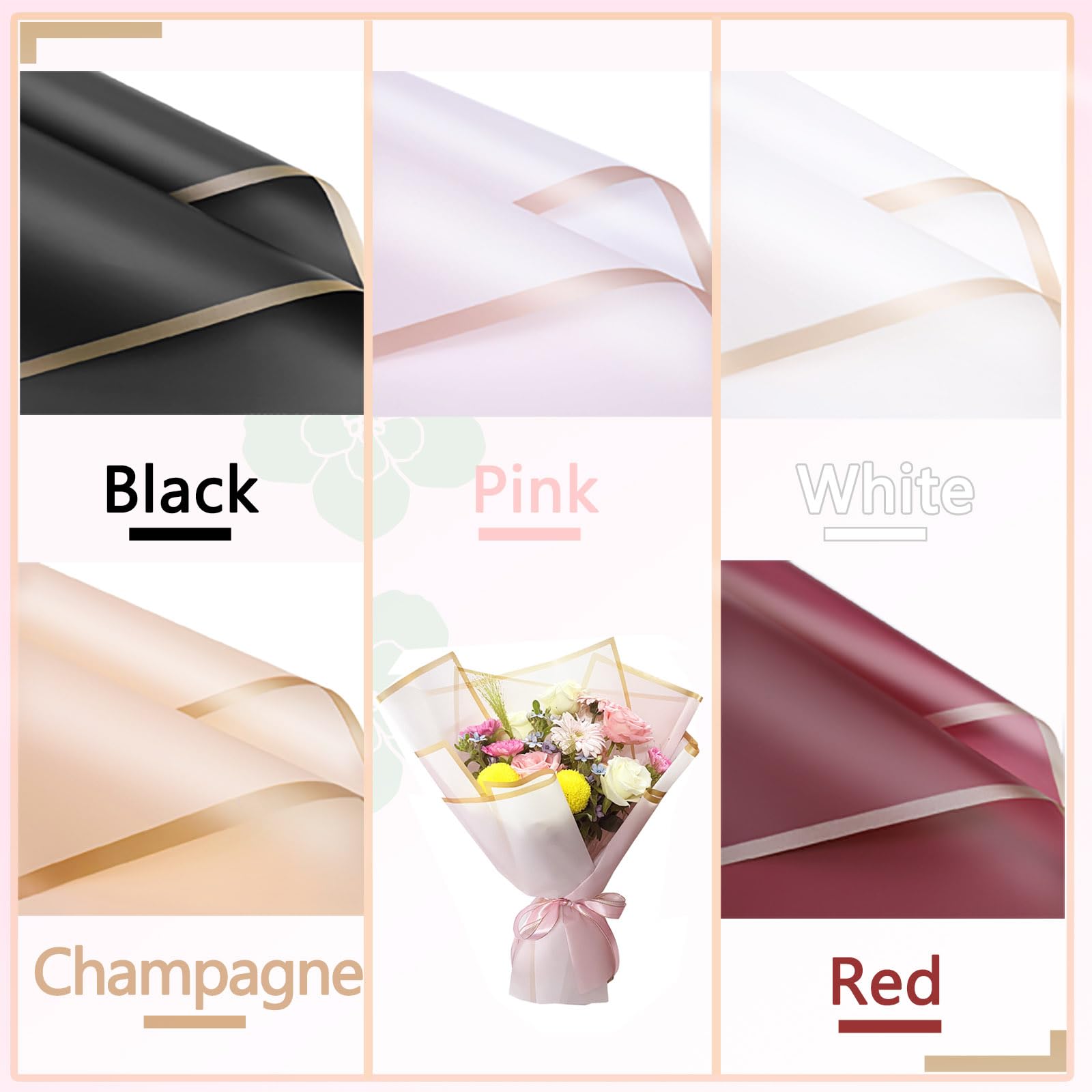 Unarty 20 Sheets 5 Colors Flower Wrapping Paper, Waterproof Bouquet Wrapping Paper with Gold Edge, Floral Wrapping Paper 22.8 x 22.8 Inch, Black, Pink, White, Red, Champagne Colors