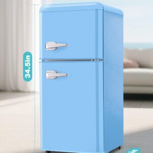 EUASOO FLS-80-Blue 3.5Cu.Ft Compact Refrigerator, Small Refrigerator with freezer, Retro Fridge with Dual Door, 7 Level Adjustable Thermostat for Garage, Dorm,Bedroom, Office, Apartment