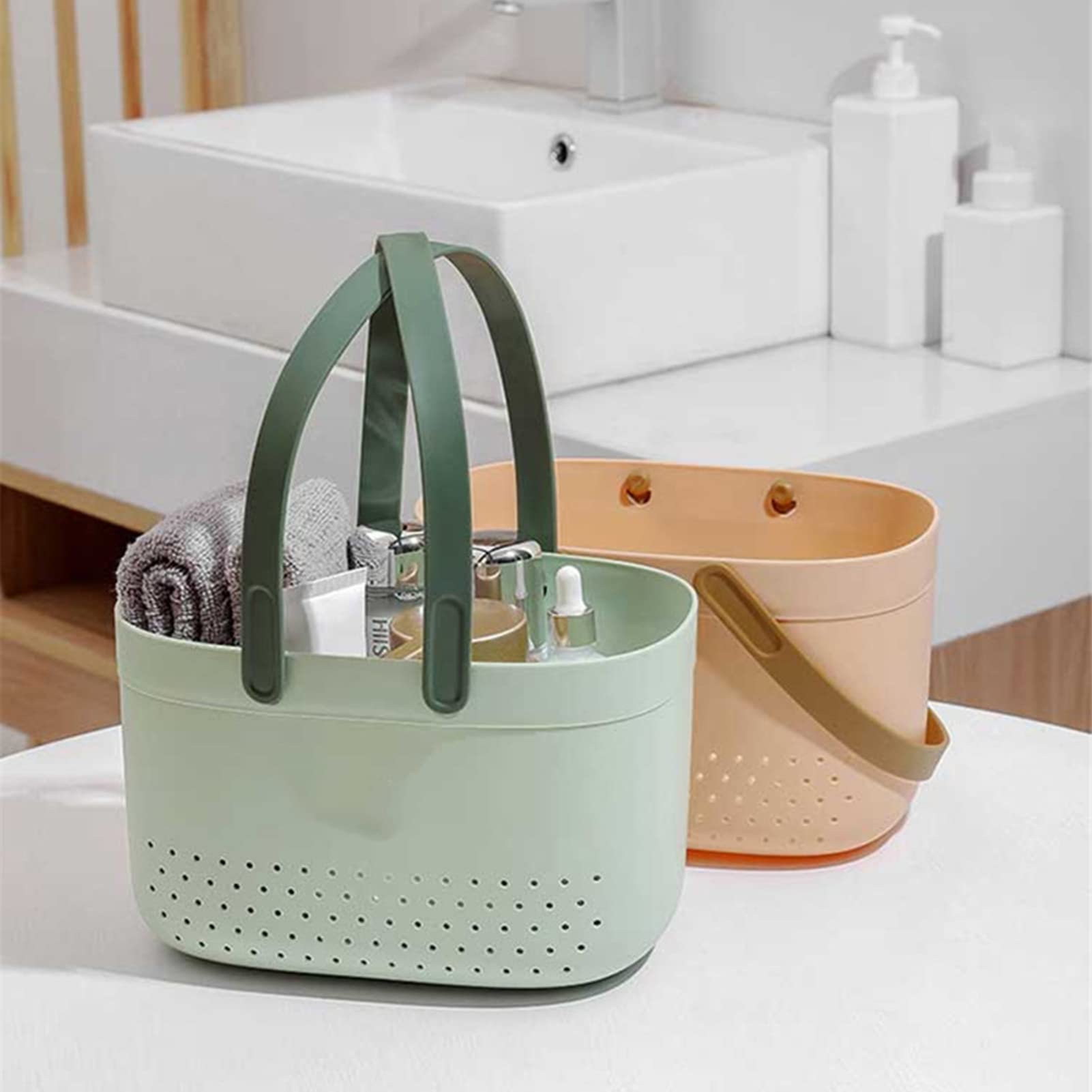 Enforose Portable Shower Caddy Basket with Ventilation Holes Large Capacity Plastic Storage Basket with Handles for Bathroom (green)