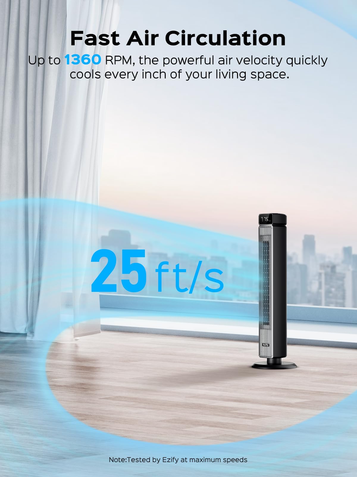 Ezify Tower Fan for Bedroom 40 Inch, 25ft/s Velocity Floor Fan, 30dB Quiet Standing Fan, 90° Oscillating Fan, 6 Speeds, 4 Modes, 12H Timer, Cooling Fan with Remote for Home Living Room Office, Black