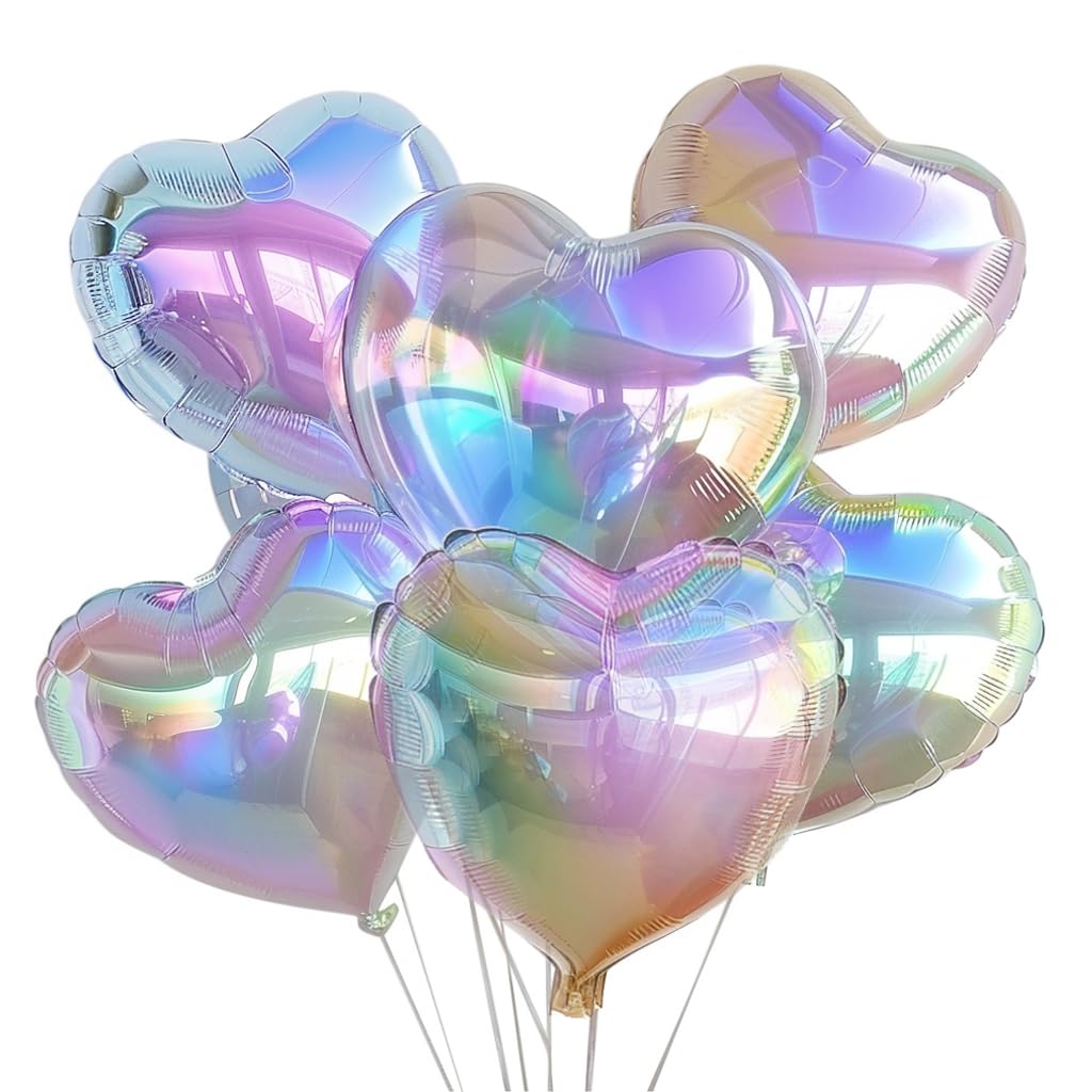 dua abang 9 PCS Heart Shaped Transparent Iridescent Balloons | Iridescent Party Decorations | Disco Party Supplies | 9 Heart Themed Holographic Decor Iridescent Balloons | Ribbon & Straw included