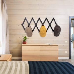 SCUNDA Accordion Wall Hanger with 16 Hooks, Wooden Wall Expandable Coat Rack for Coat, Hats, Baseball Caps, Coffee Mug, Jewelry(Black)