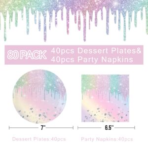 Lousuip 80PCS Iridescent Diamond Party Supplies Disposable Holographic Paper Plates and Napkins Party Tableware for Birthday Cocktail Bridal Shower Graduation Wedding Party Decorations