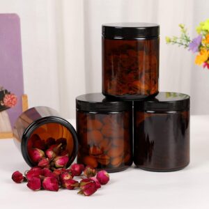 24 Pack 8 oz Amber Glass Jars with lids, Cosmetic Jars with Inner Liners and Black Lids, Lotion Jars, Candle Making Jars for Lotions, Scrubs and Cosmetic, Lables and Spatulas Include