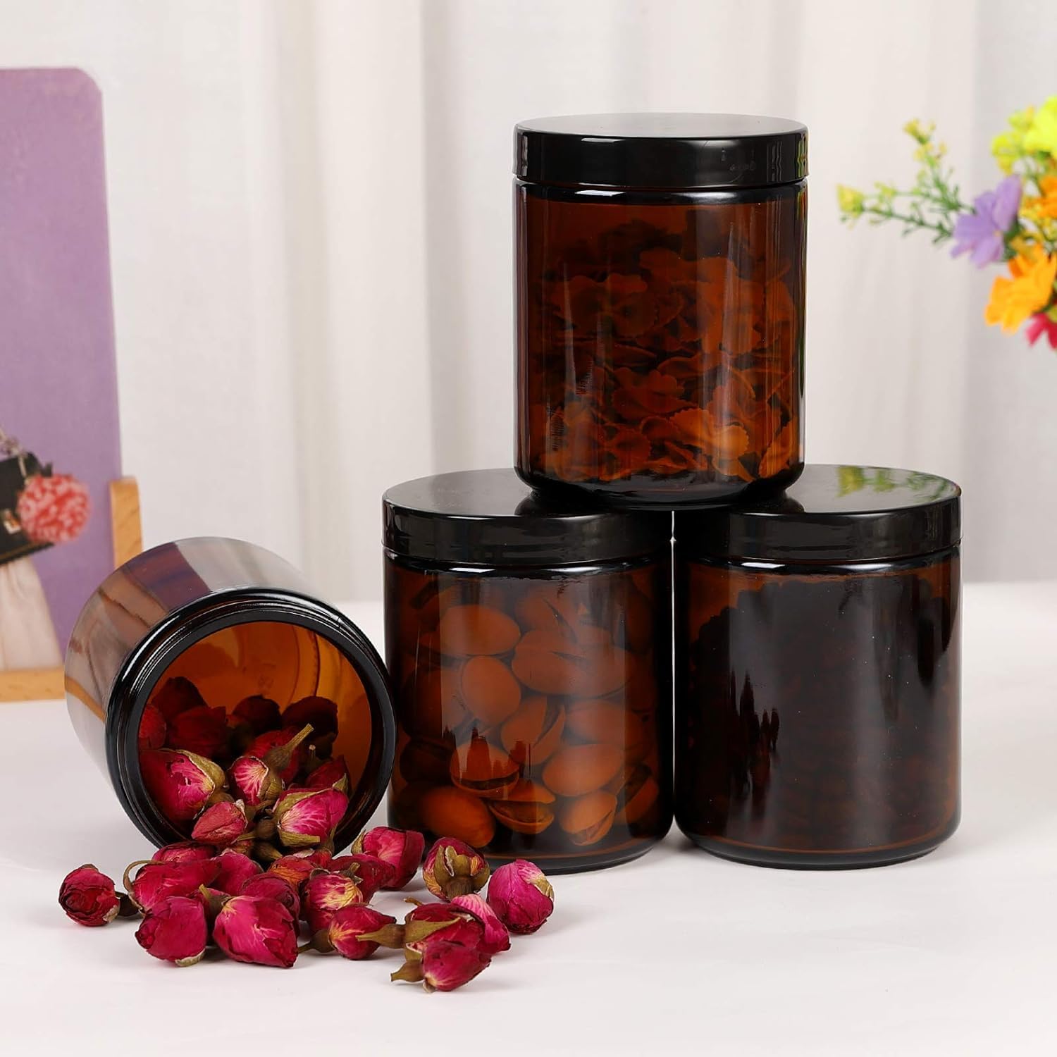 24 Pack 8 oz Amber Glass Jars with lids, Cosmetic Jars with Inner Liners and Black Lids, Lotion Jars, Candle Making Jars for Lotions, Scrubs and Cosmetic, Lables and Spatulas Include