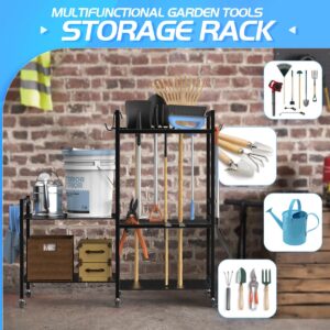 POLARPRA Garden Tool Organizer, Garden Tool Storage Rack with 6 Hooks and 2-tier Metal Shelves, Yard Tool Organizer Cart for Garage with Wheels Stand up to 35 Long-Handled Tools for Shed, Outdoor