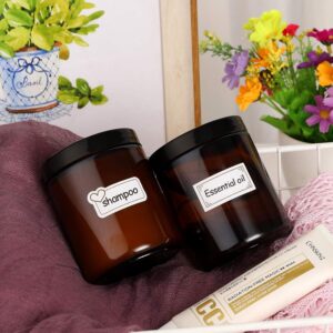 24 Pack 8 oz Amber Glass Jars with lids, Cosmetic Jars with Inner Liners and Black Lids, Lotion Jars, Candle Making Jars for Lotions, Scrubs and Cosmetic, Lables and Spatulas Include