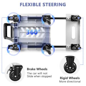 KEDSUM Aluminum Panel Folding Hand Truck Dolly, 90 & 135° Foldable Dolly Cart, Heavy Duty Luggage Cart, Platform Cart Utility Cart with 6 Wheels & 2 Lashing Straps for Moving, Travel, Shopping Use