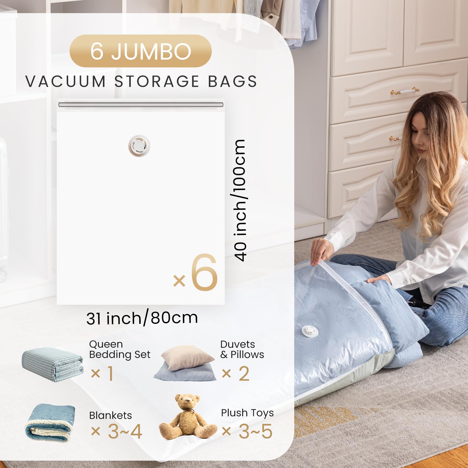 TAILI 6 Pack Vacuum Storage Bags for Comforter and Blankets, Jumbo Vacuum Seal Bags for Bedding 40x31 Inch, Space Saver Bags for Clothes, Pillows, Saving More Closet Space