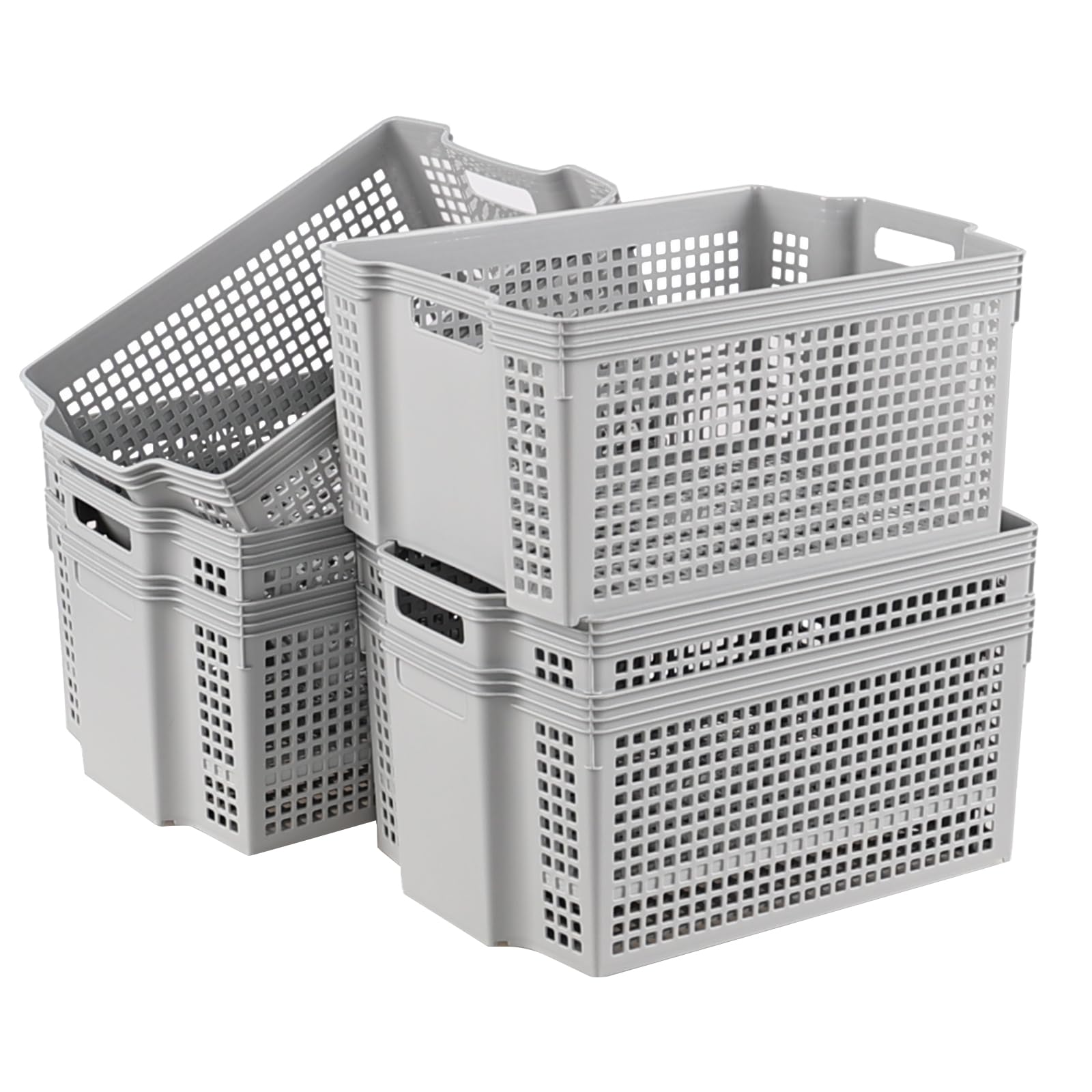 Vadidiya Stacking Plastic Storage Basket, 6-Pack Plastic Organizer Bins, Gray