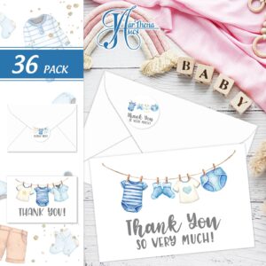 JarThenaAMCS 36 Pack Blue Clothesline Baby Shower Thank You Cards with Envelopes Stickers Onesie Boy Baby Cloth Blank Gratitude Note Cards Gift for Birthday Gender Reveal Party Supplies