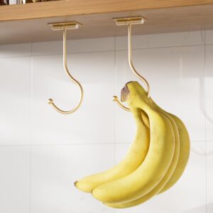 2-pack banana hook under cabinet: banana holder,metal banana hanger hook,adhesive banana hook, foldable banana hook, folds up with magnets when not in use, banana rack,keep bananas fresh (gold)